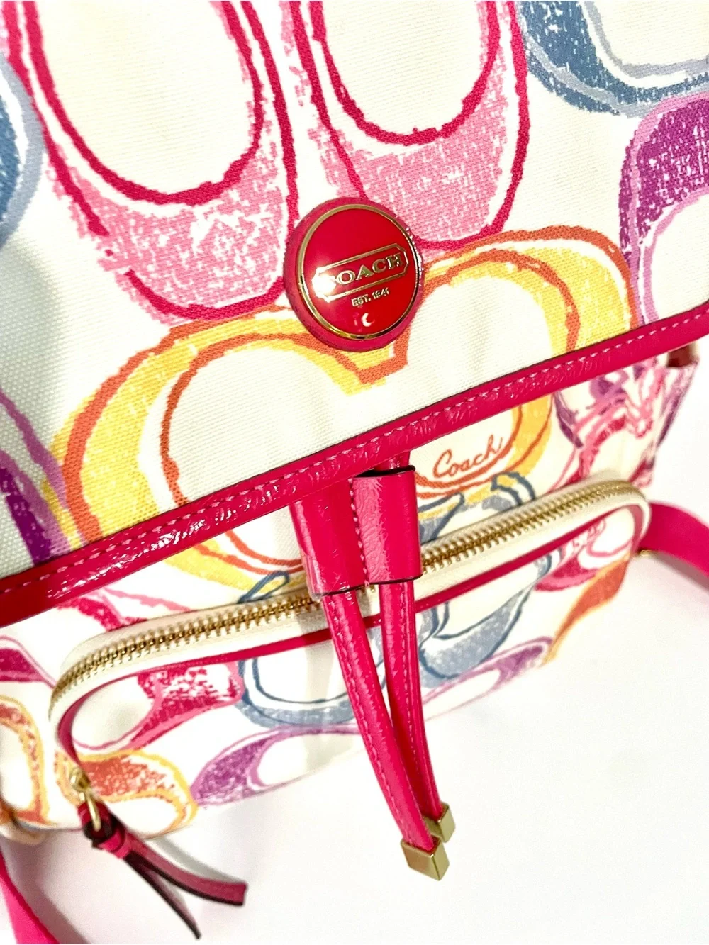 COACH F21962 Backpack Signature Canvas Multi Color Pink Enamel Clean